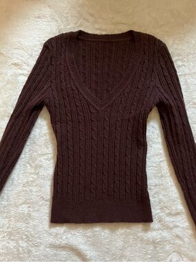 ROMWE Brown Cable-Knit V-Neck Sweater